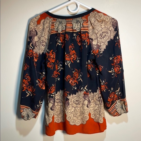 Anthropologie Meadow Rue Blue and Tan Boho Blouse Tie Front 3/4 Sleeve 100% silk - Picture 7 of 10